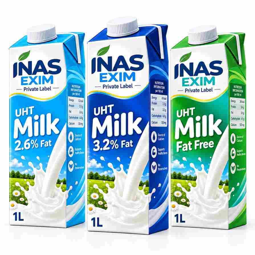 UHT milk from Ukraine in 2.6% and 3.2% fat. 6-month shelf life, aseptic packaging, wholesale supply and private label solutions by INAS EXIM.