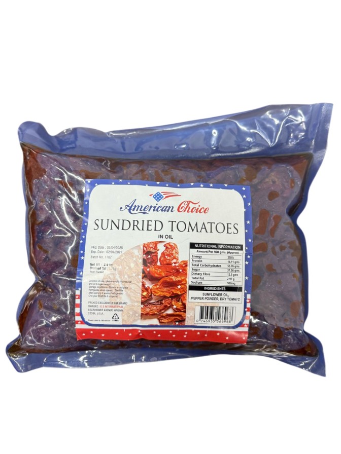 American Choice Sundried Tomatoes 2.9kg – Vacuum-packed in blue food-grade plastic for freshness, safety, and convenience. Ideal for catering, hotels, and professional kitchens.