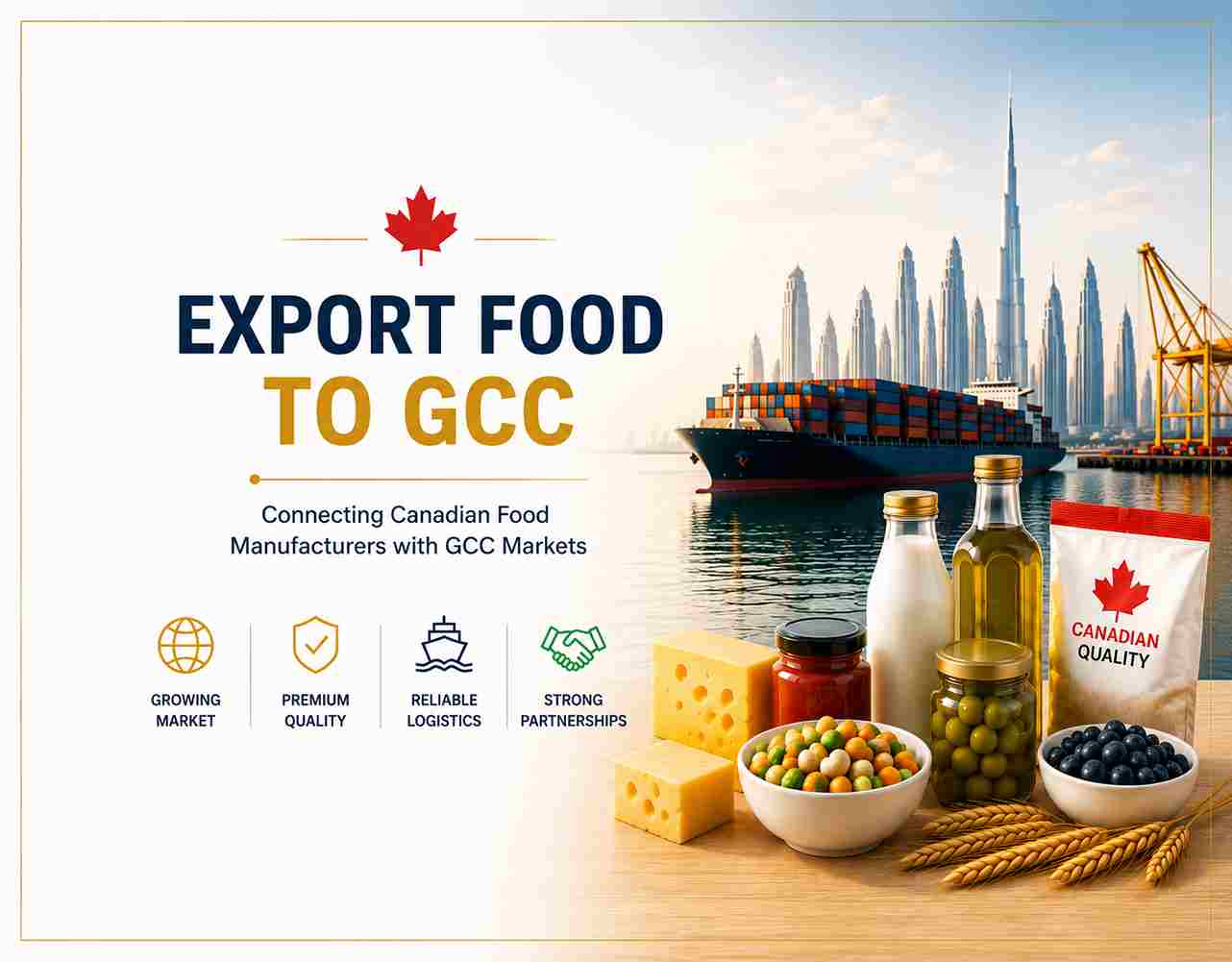 Export food to GCC featuring Canadian food products, cargo shipping, Dubai skyline, UAE logistics hub, and international trade opportunities for Canadian food manufacturers