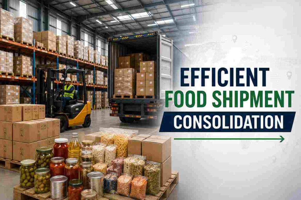 Efficient food shipment consolidation in a modern warehouse with forklift loading consolidated food products into a shipping container