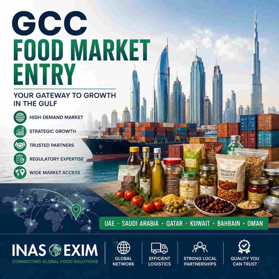 GCC Food Market Entry guide featuring food exports, logistics, and Gulf distribution