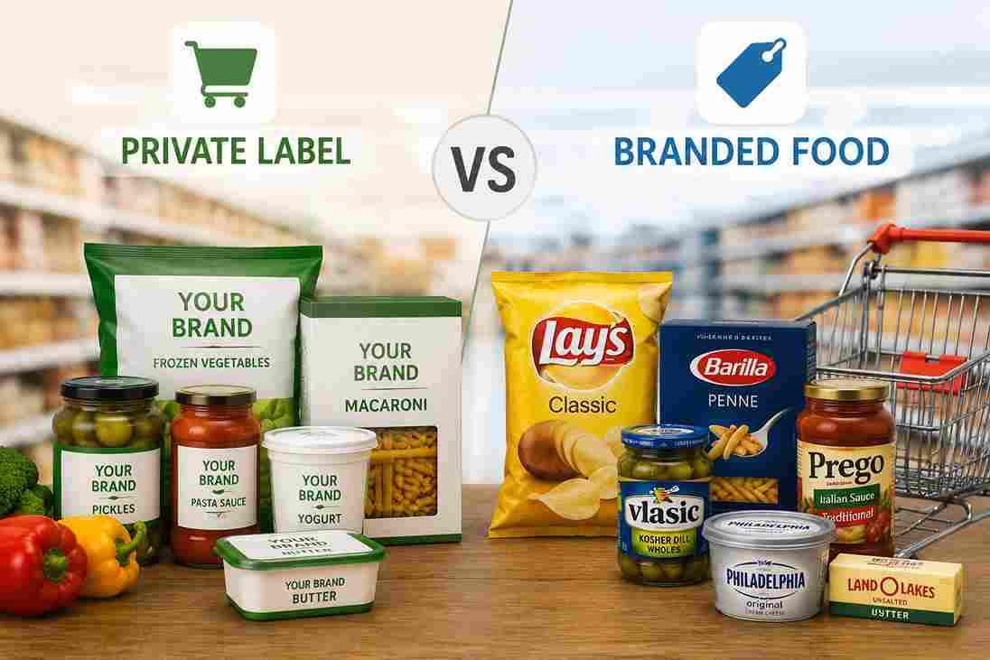 Private label food products compared with branded food products in a supermarket setting.