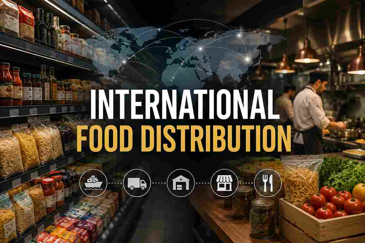 International Food Distribution showing supermarket shelves, restaurant kitchen, and global food supply chain