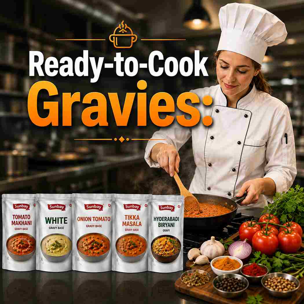 Ready-to-cook gravies for professional kitchens with commercial Indian gravy bases displayed in a modern restaurant kitchen.