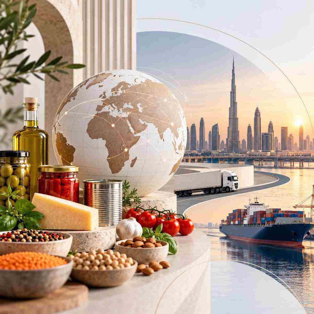 International food sourcing and UAE market entry featuring global food products, international trade connections, cargo shipping, logistics and Dubai's skyline.
